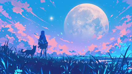 a girl and her dog under the moonscape