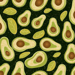 “Avocado and Leaves” drawing pattern of square shape.
 A bright and stylish illustration featuring avocado and leaves against a dark background, creating a tropical feel.