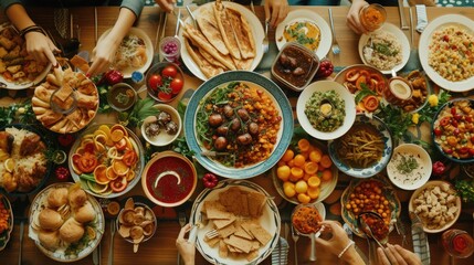 Aerial view of wooden table topped with a variety of plates and bowls of food. The plates are all...