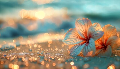 Turquoise and sandy bokeh lights shimmering like waves, with hibiscus floral bokeh accents for a tropical luau