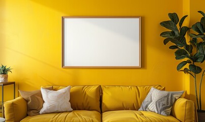 blank picture frame above a couch, friendly yellow color, living room setting, mockup style template.