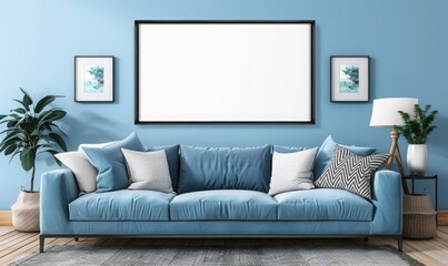 blank picture frame above a couch, blue multi color, living room setting, mockup style template.