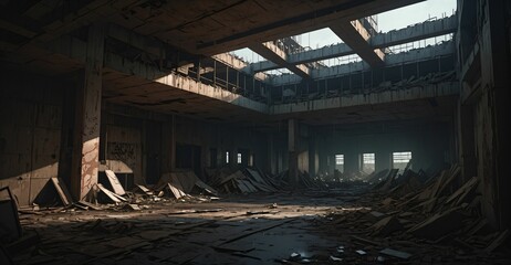 abandoned cyberpunk palace ballroom room interior. dystopian sci-fi castle empty room