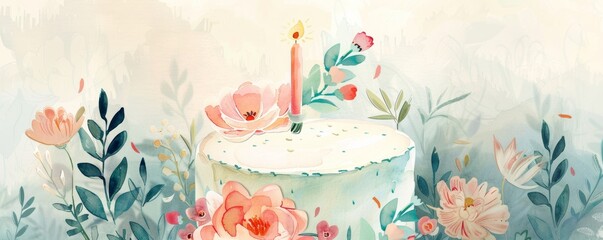 Watercolor birthday cake with floral decoration