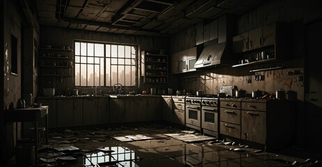 cyberpunk sci-fi dystopian abandoned kitchen house interior. futuristic ambience style and empty.