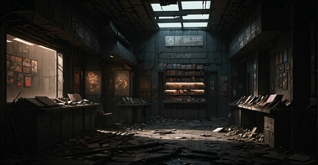 abandoned cyberpunk sci-fi dystopian library shop. lo-fi futuristic comic store market. 
