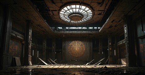 Obraz premium abandoned cyberpunk palace ballroom room interior. dystopian sci-fi castle empty room