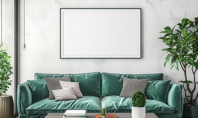 blank picture frame above a couch, green cool matcha color, living room setting, mockup style template.