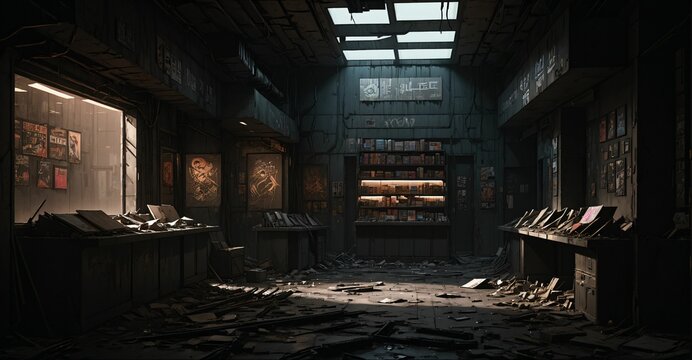 abandoned cyberpunk sci-fi dystopian library shop. lo-fi futuristic comic store market.	
