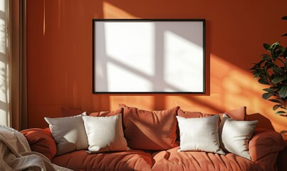 blank picture frame above a couch, orange intense rush color, living room setting, mockup style template.