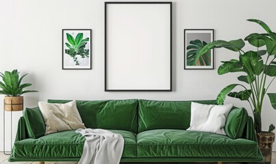 blank picture frame above a couch, green cool matcha color, living room setting, mockup style...