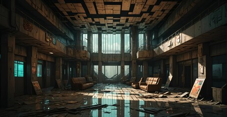 Cyberpunk palace ballroom room interior. Dystopian sci-fi castle empty room.
