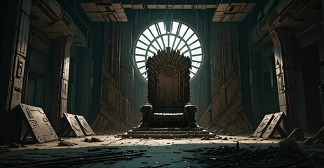 Cyberpunk dystopian sci-fi throne room in palace. Castle building interior.