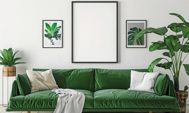 blank picture frame above a couch, green cool matcha color, living room setting, mockup style template.