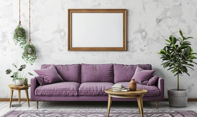 blank picture frame above a couch, purple color, living room setting, mockup style template.
