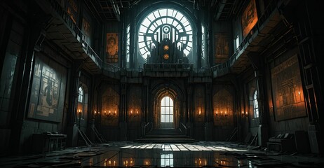 Obraz premium Cyberpunk palace ballroom room interior. Dystopian sci-fi castle empty room.