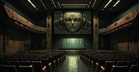 cyberpunk sci-fi dystopian empty theater auditorium. futuristic amphitheater stadium interior with stage.