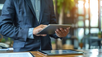 Happy Business Person Using Tab in Plain Office Background, Happy, business person, plain office