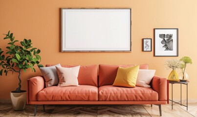 blank picture frame above a couch, orange intense rush color, living room setting, mockup style template.