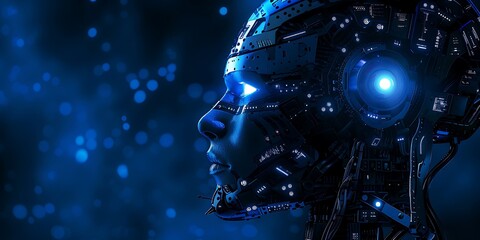 Robot Head on Dark Background with Computer, Robot head, dark background, computer