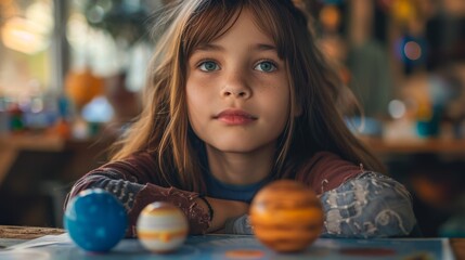 Fototapeta premium Girl with freckles looking at planets on a table in a classroom