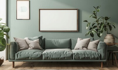 blank picture frame above a couch, green cool matcha color, living room setting, mockup style template.