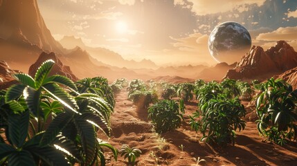 Lush green plants growing on a Mars with the Earth visible in the distance