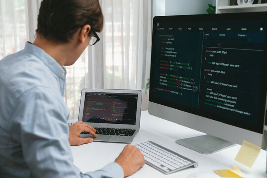 IT developer working online software development information on laptop comparing with pc screen while typing to create new code program on update version application project overall system. Pecuniary.