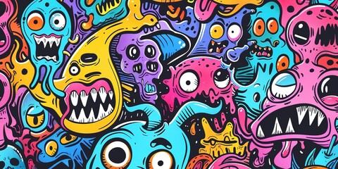 Abstract cartoon monsters, ghosts and strange beings doodle pattern