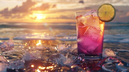 A glass of pink drink with a lime slice on top is sitting on a beach. The drink is pink and has ice in it. The beach is at sunset, creating a warm and relaxing atmosphere