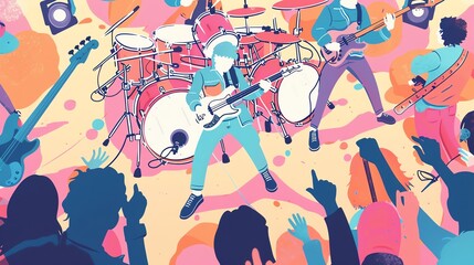 Rock band flat design top view concert theme cartoon drawing colored pastel