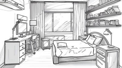 Small bedroom flat design side view spacesaving theme cartoon drawing black and white