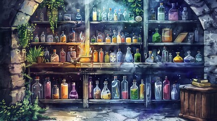 Watercolor depiction of a magical potion shop, bottles filled with sparkling liquids and mystical herbs on wooden shelves