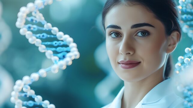 Female Geneticists Portrait with DNA Helix, Geneticists, portrait, DNA helix