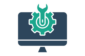 computer setting icon. computer with gear and wrench. icon related to information technology. solid icon style. technology element vector illustration