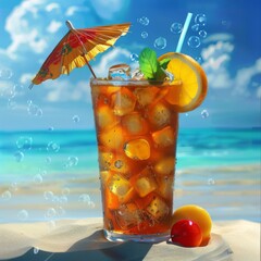 A glass of iced tea with a straw and a cherry on the side. The image has a beach setting and a bright, sunny day