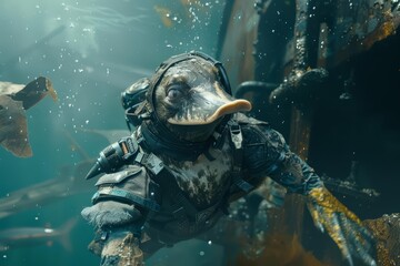 A closeup charismatic half body of a platypus in a divers suit