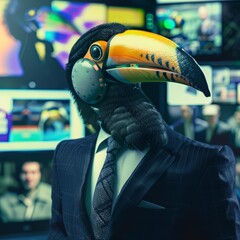 Obraz premium A closeup charismatic half body of a toucan in a news anchor suit, broadcasting live with HUD hologram from a busy newsroom with a sharpen banner hitech styles with copy space