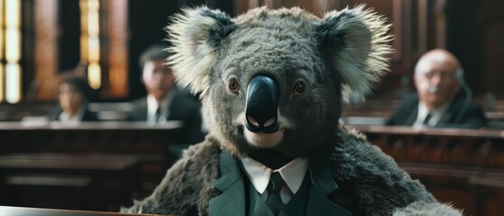 Naklejka premium A closeup charismatic half body of a koala dressed as a lawyer, arguing a case with a futuristic styles hologram in a bustling courtroom with a sharpen banner with copy space