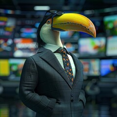 Obraz premium A closeup charismatic half body of a toucan in a news anchor suit, broadcasting live with HUD hologram from a busy newsroom with a sharpen banner hitech styles with copy space