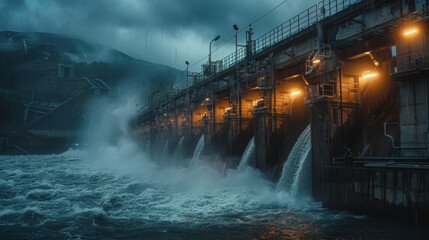 A hydroelectric dam discharges large volumes of water, captured in a dramatic nighttime setting with intense lighting.