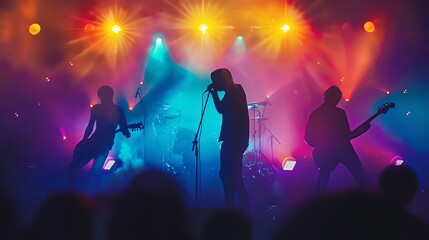 The silhouette of a rock band performing on stage, with colorful lights. The image is in the style of a Chinese artist but without any Chinese characters.