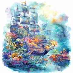 Fototapeta premium A cute watercolor of a sunken pirate ship that serves as an underwater concert hall for mermaids and sailors ghosts