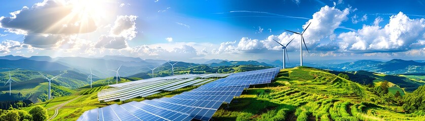 modern solar panels and wind turbines on green hills, blue sky with clouds. Wind turbines for electricity production. Green energy concept.
