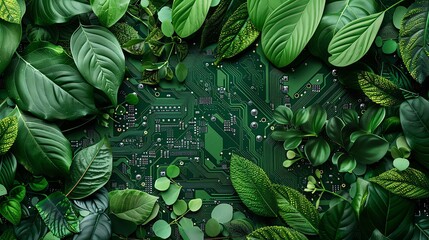 Green technology background with circuit board and leaves, in a flat lay. Green tech concept for ecofriendly computer design or sustainable business idea. Flat lay, top view