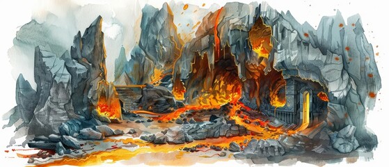 A watercolor of a mystical forge in the heart of a mountain