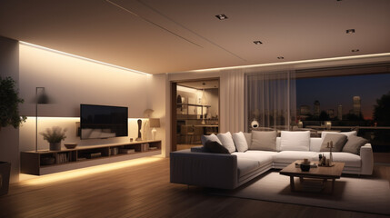 Fototapeta premium A modern living room with a large white couch and a flat screen TV