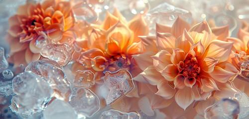 Golden glow amber dahlias in ice create an abstract backdrop.