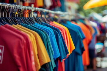 Obraz premium Vibrant T-shirts on street market rack with abstract blurred background