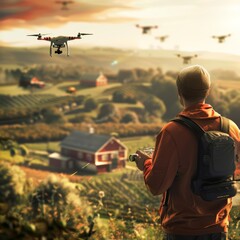 An agricultural drone operator controls drones over a vast farm